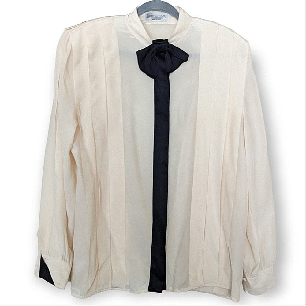 Pancaldi & B Made in Italy Silk Beige Cream Blouse Top Black Bow & Cuff sz M